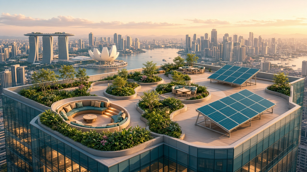 Rooftop Commons completed deck with gardens and solar panels